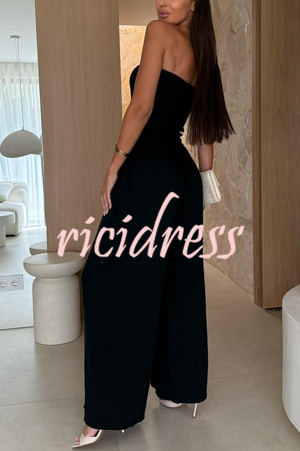 Linen Blend Solid Color Off-the-shoulder Pleated Casual Pocket Wide-leg Jumpsuit