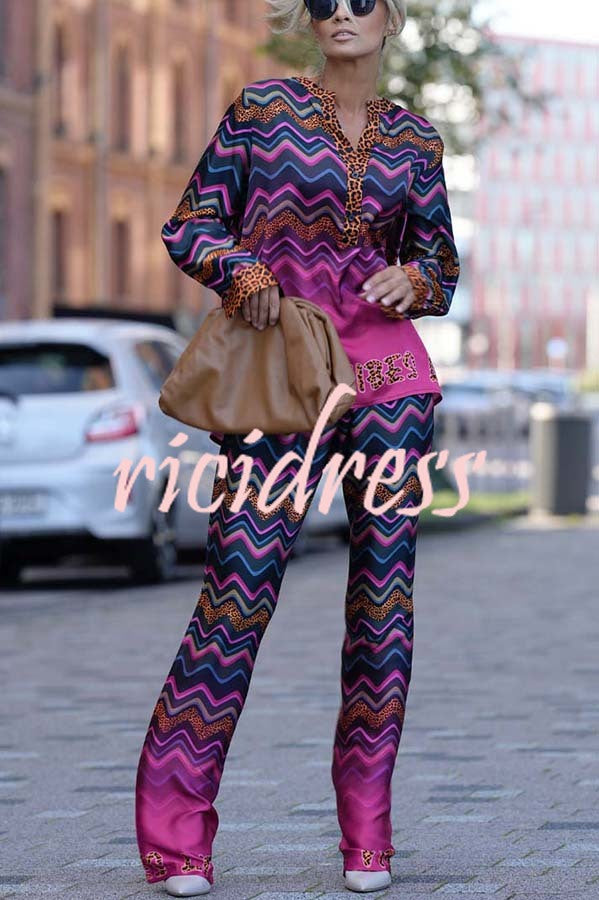 Coreen Leopard Colorful Wave Print Long Sleeve Shirt and Elastic Waist Pocket Pants Set