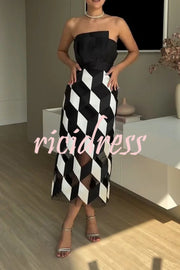 Sexy Tube Top and Backless Rhombus Contrast Midi Dress