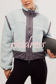 Stylish Patchwork Stand Collar Sherpa Zipper Jacket