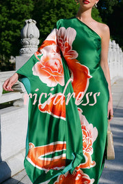 Elegance and Grace Satin Dragon Print One Shoulder Drape Sleeve Maxi Dress