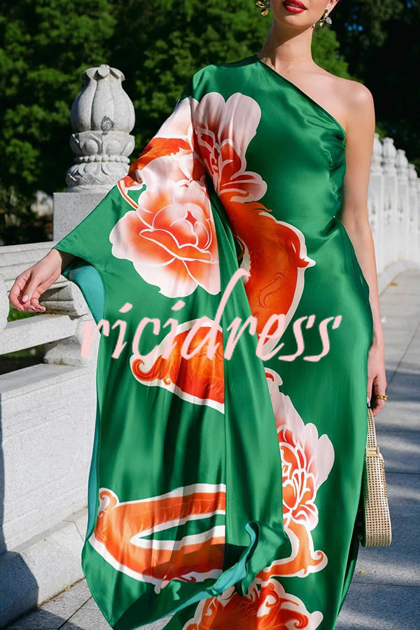 Elegance and Grace Satin Dragon Print One Shoulder Drape Sleeve Maxi Dress