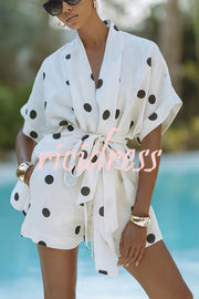Playful Linen Blend Polka Dot Tie-up Kimono Top and Elastic Waist Pocket Shorts Set
