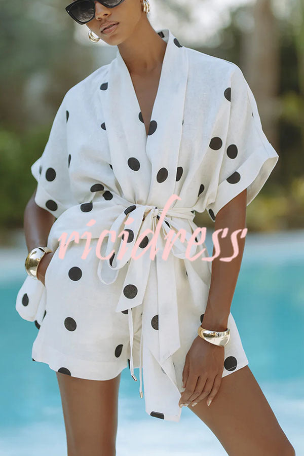 Playful Linen Blend Polka Dot Tie-up Kimono Top and Elastic Waist Pocket Shorts Set