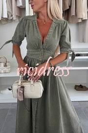 Solid Color V-neck Button-down Denim Midi Dress