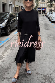 Jollie Knit Long Sleeve Front Slit Midi Sweater and Pleated Tulle Stretch Tank Midi Dress Two-piece Set