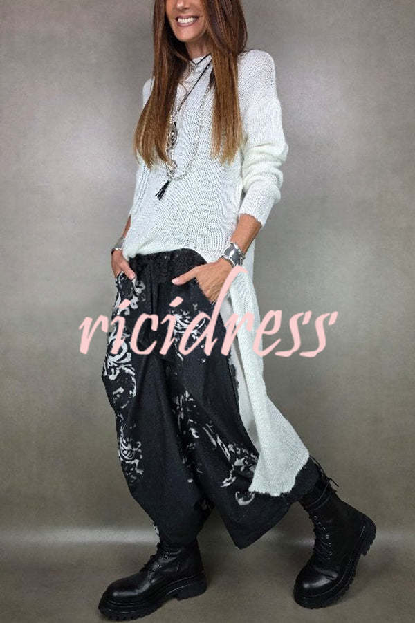 Solid Color Knitted Long-sleeved Casual Slit Midi Dress