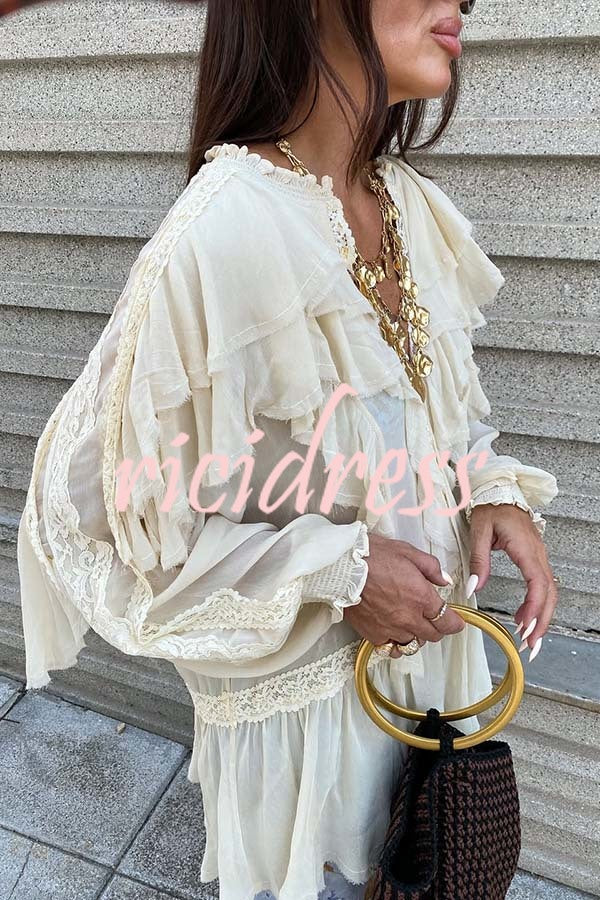 Autumn Boho Chiffon Lace Trim Ruffle Balloon Sleeve Blouse