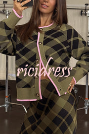 Holiday Plaid Knit Color-blocked Trim Button Long-sleeved Loose Cardigan