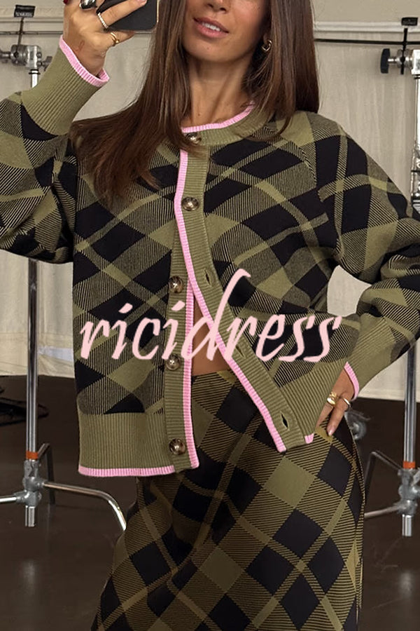 Holiday Plaid Knit Color-blocked Trim Button Long-sleeved Loose Cardigan
