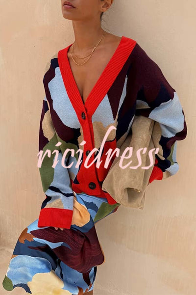 Bright and Bold Knit Abstract Color Blocks Button Long Sleeve Loose Cardigan