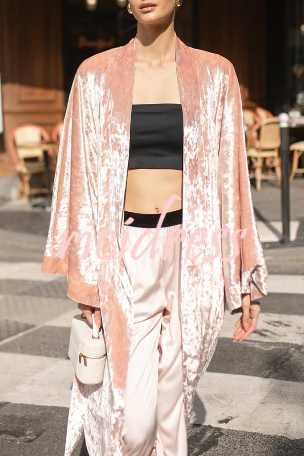 Gorgeous Glossy Velvet Long Bell Sleeve Tie-up Pocket Midi Kimono Coat