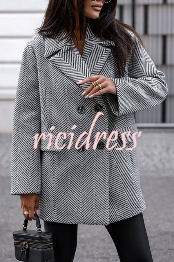 Fashion Stripe Print Lapel Pocket Coat