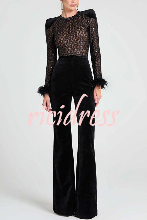 Monique Fish Scale Lace Sequin Velvet Patchwork Feather Trim Belted Stretch Flare Jumpsuit