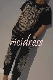 Stylish Tiger Print Short Sleeve Crew Neck Top and Elastic Waist Pocket Pants Set