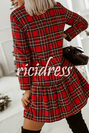 Fashionable Plaid Print Long Sleeve Round Neck Slim Fit Mini Dress