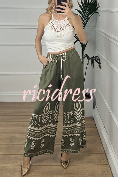 Unique Print Elastic Waist Casual Pocket Wide Leg Pants