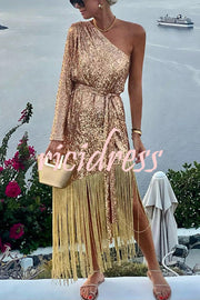 For The Love Gold Sequin One Shoulder Belted Fringes Midi Dress