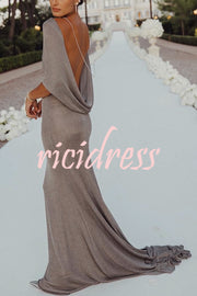 Fit and Elegance Fine Shimmering Fabric Open Cowl Back Draped Neckline Maxi Dress