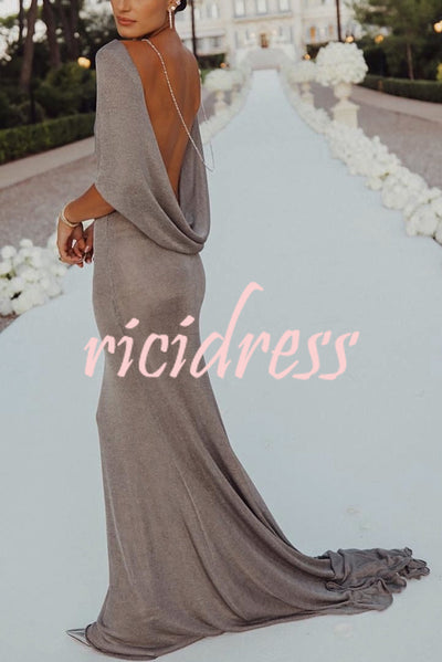 Fit and Elegance Fine Shimmering Fabric Open Cowl Back Draped Neckline Maxi Dress