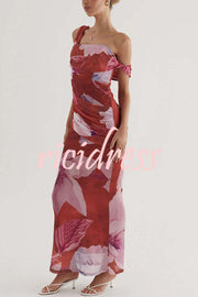 Drama Elegance Mesh Floral One Shoulder Ruched Stretch Maxi Dress