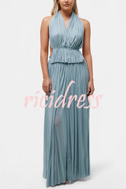 Pure Lightness Chiffon Pleated Halter Backless Top and Elastic Waist A-line Maxi Skirt Set