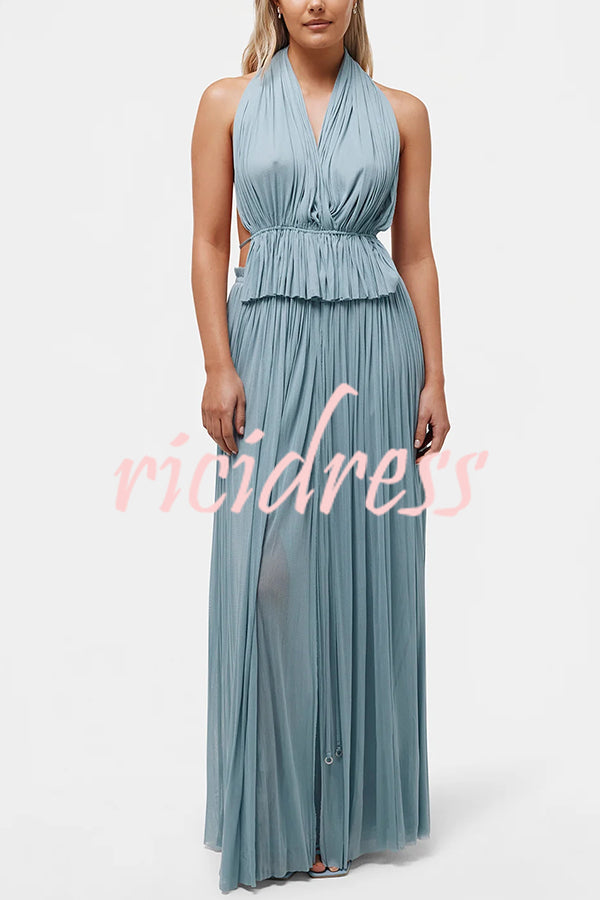 Pure Lightness Chiffon Pleated Halter Backless Top and Elastic Waist A-line Maxi Skirt Set
