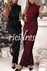 Stylish Sparkly Velvet Sequin Sleeveless Pleated Top and Casual Wide-leg Pants Set