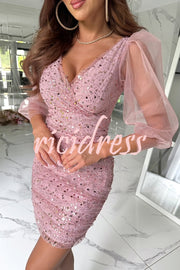 Lost in Your Eyes Mesh Sequin Balloon Sleeve Ruched Stretch Party Mini Dress