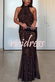 Twilight Gleam Sequin Textured Tulle Hem Halter Backless Maxi Dress