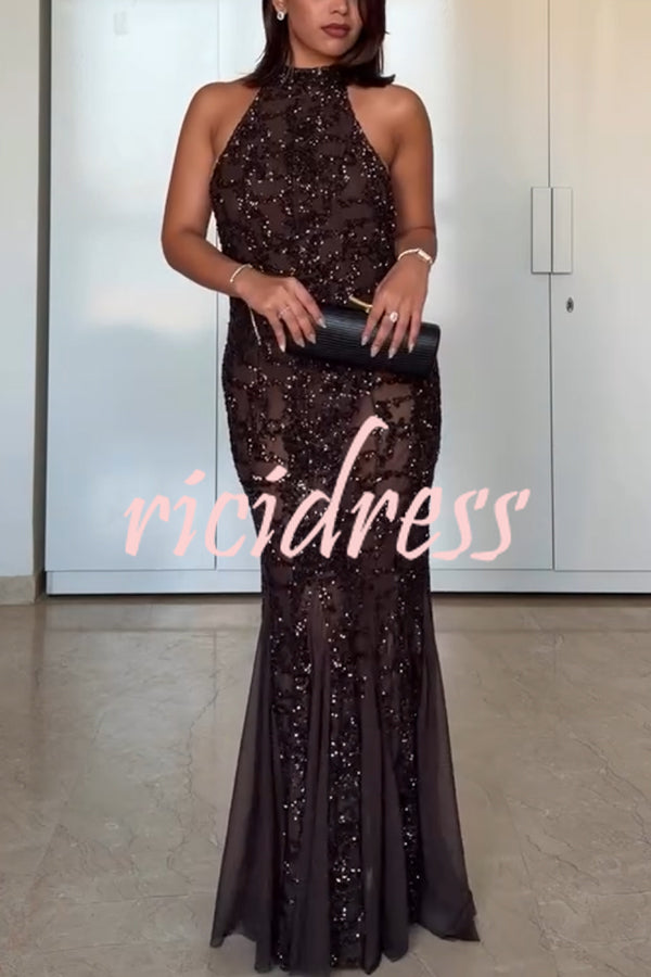 Twilight Gleam Sequin Textured Tulle Hem Halter Backless Maxi Dress