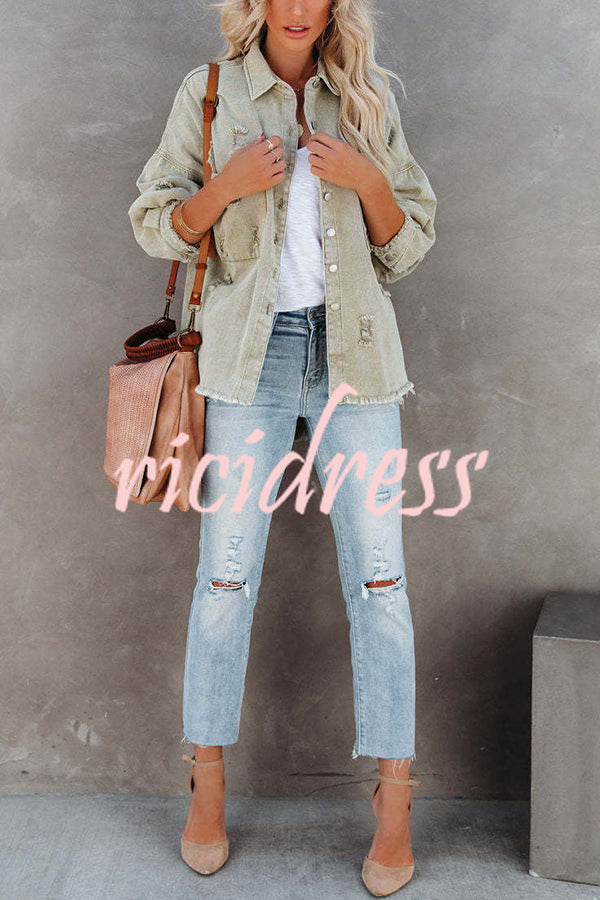 Stylish Lapel Long Sleeve Ripped Denim Jacket