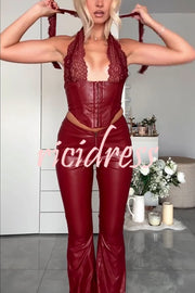 Style Challenge Stretch Faux Leather Lace Halter Tank and Zipper Waist Flare Pants Set