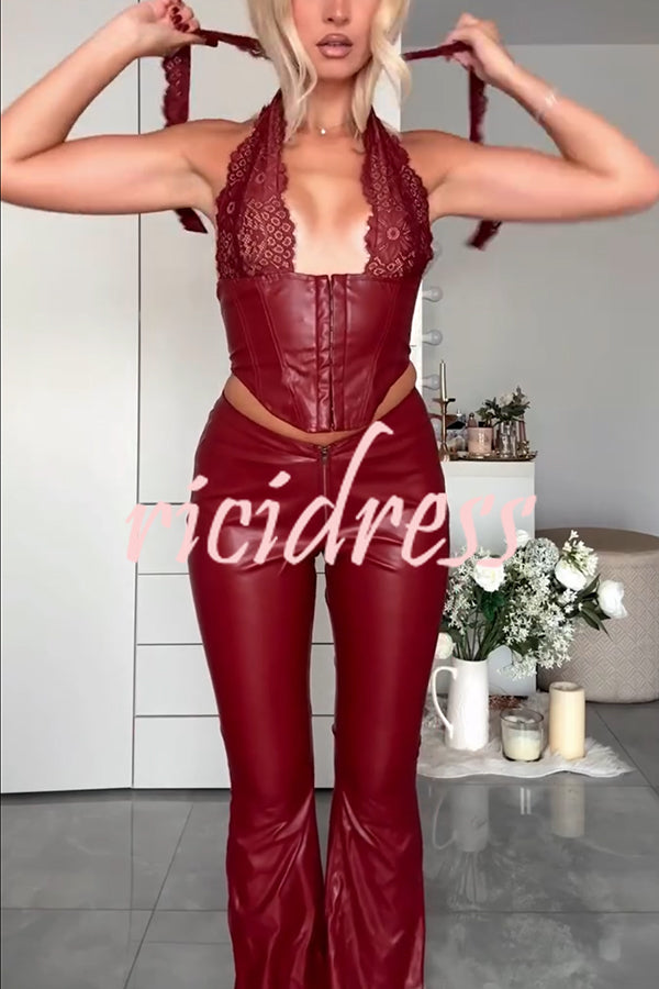 Style Challenge Stretch Faux Leather Lace Halter Tank and Zipper Waist Flare Pants Set
