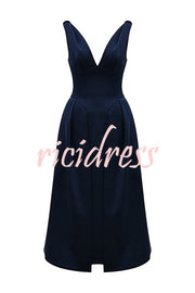 Midnight Charm Satin Twist Shoulder Straps Pocket Pleated Midi Dress