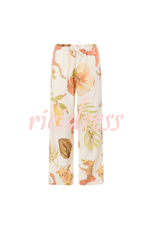 Island Time Linen Blend Unique Print Strapless Top and Elastic Waist Pocket Loose Pants Set