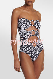 Marsie Zebra-print Ring Cutout Details Off Shoulder Stretch One-Piece Swimsuit
