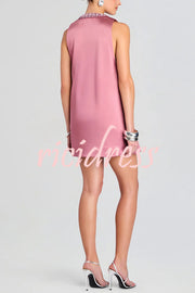 Elegant Demeanor Satin Gemstone Trim Deep V-Neck Tank H-line Mini Dress
