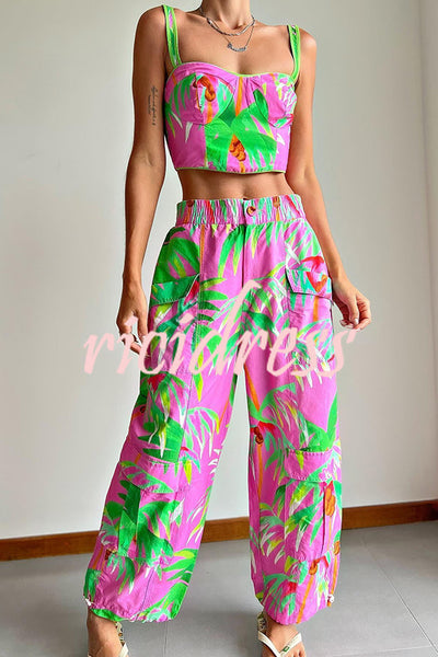 Tropical Forest Unique Print Back Smocked Tank and Elastic Waist Pocket Bloomers Pants Set