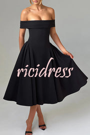 Princess Temperament Batdot Neck Pleat Detail Midi Dress