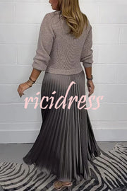 Stylish Knitted Round Neck Long Sleeve Patchwork Pleated Hem Maxi Dress