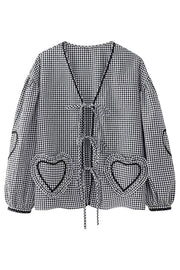 Lovely Plaid Heart Pattern Casual Lace-up Pocket Loose Shirt