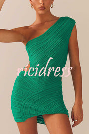 Solid Color Sexy One Shoulder Hollow Stitching Slim Fit Knitted Mini Dress