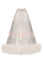 Viola Gold and Silver Glossy Fabric Bow Neck Faux-fur Hem A-line Mini Dress