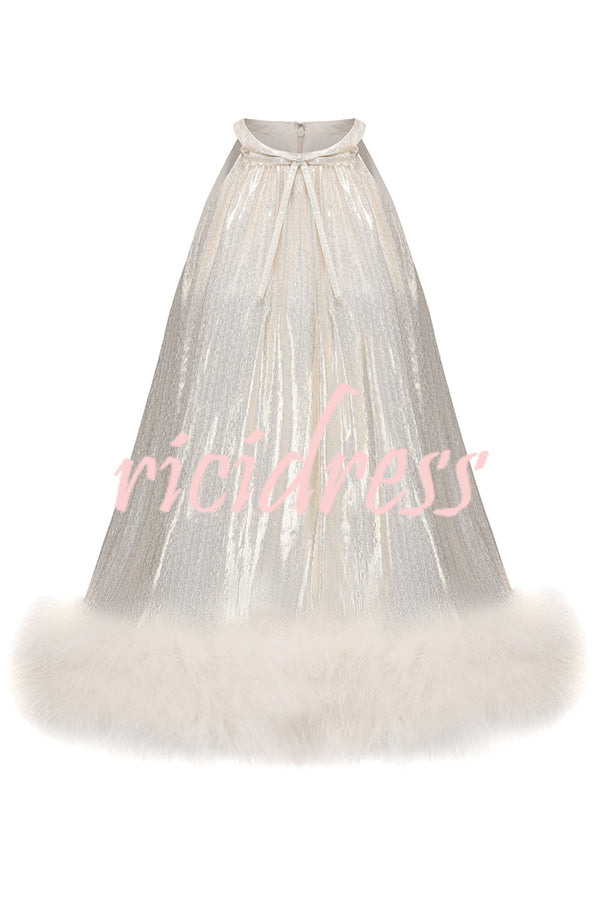 Viola Gold and Silver Glossy Fabric Bow Neck Faux-fur Hem A-line Mini Dress