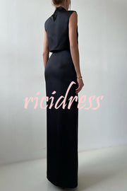 Solid Color Casual Sleeveless Crop Top and Elegant Button-down Maxi Skirt Set