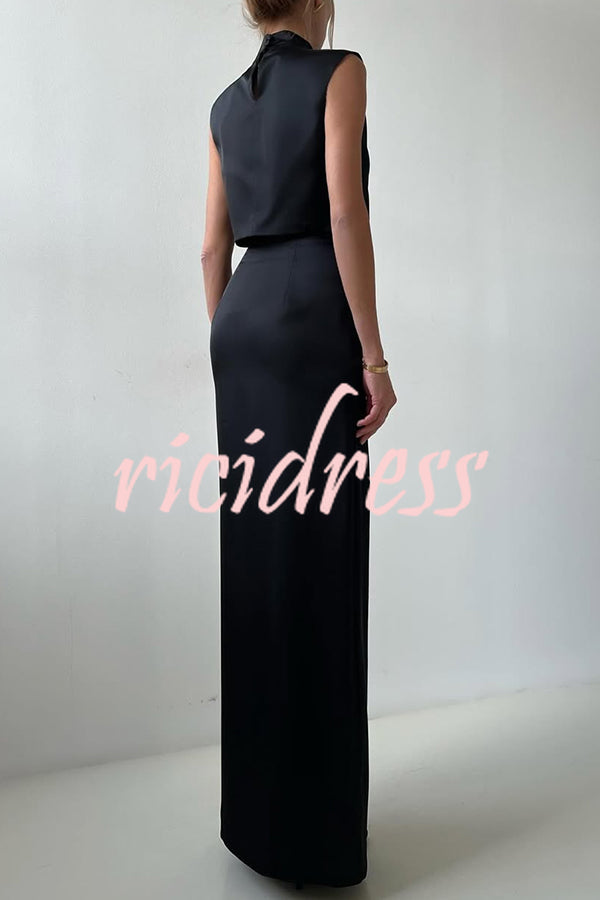 Solid Color Casual Sleeveless Crop Top and Elegant Button-down Maxi Skirt Set