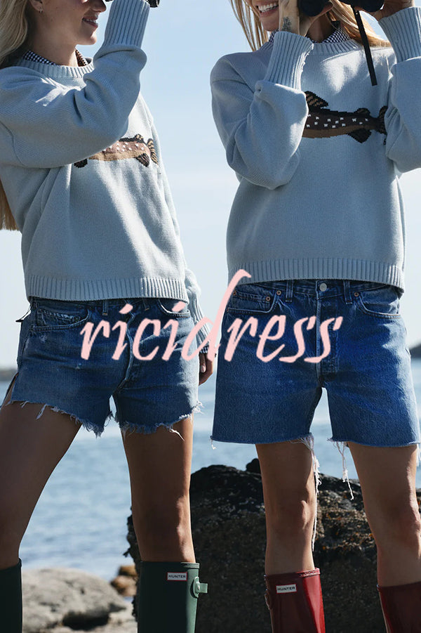 Fashionable Fish Pattern Round Neck Loose Knitted Sweater