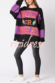 Halloween Letter Sequined Color Block Loose Casual Sweatshirt