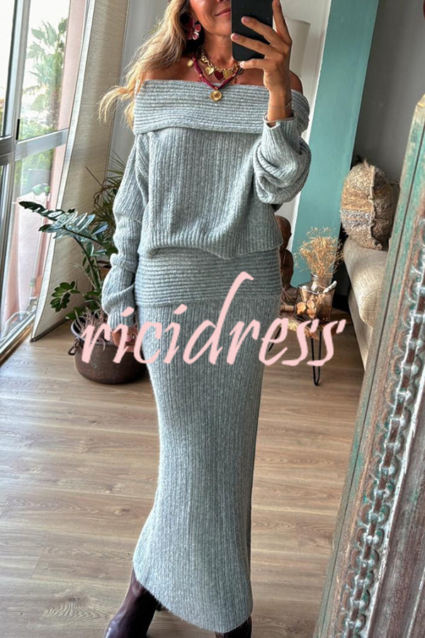 Luka Ribbed Knit Off Shoulder Long Sleeve Sweater and Stretch Maxi Skirt Set